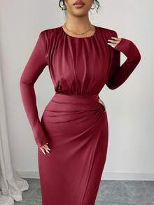 SHEIN Elenzya Women's Elegant Knitted Long Sleeve Dress,Burgundy,Autumn,Dining Metallic Decor Waist Cinched Fitted Vintage Chic French Street Christmas Party Dress - Burgundy - View 3