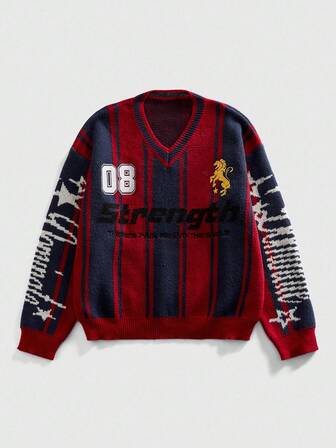 Maglione casual da uomo con scollo a V, jacquard a righe e lettera