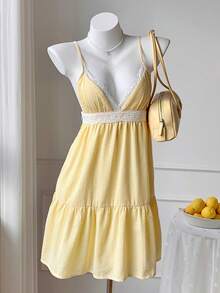 Comfortcana Women's Woven Contrast Lace Sexy Spaghetti Strap Dress