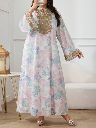 Al Najma Vestido elegante de talla grande con estampado de hojas en estilo árabe para mujeres