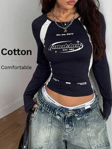 Coolane 女士加大码春夏街头休闲运动装返校休闲棉质撞色深蓝色圆领长袖T恤 - 藏蓝色 - 查看 1