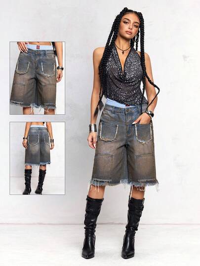 Hippie Vintage Distressed Washed Denim Cargo Shorts