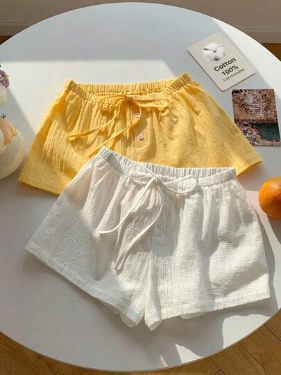 Comfortcana 2 piezas Pantalones cortos casuales de ajuste holgado de 100% algodón lavado para mujer, color crema macaron y amarillo limón, adecuados para verano, vacaciones, Día de San Valentín, vacaciones en la playa, salidas de primavera