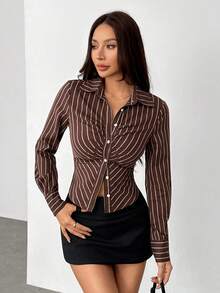 SHEIN PETITE Women's Summer New Style Office Commuting Daily Pointed Hem Chest Gathered Stand-Up Collar Single-Breasted Open Placket Tight Long-Sleeved White Shirt - Brown - View 4