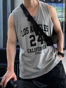 DAZY 男士字母印花宽松无袖休闲运动背心，夏季 - 灰色 - 查看 2