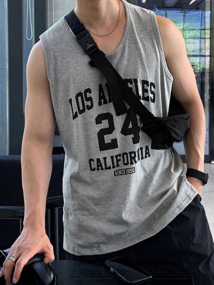 Men's Letter Print Loose Fit Sleeveless Casual Sports Tank Top, Summer