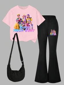 1 Set Young Girls Casual Cartoon "K-POP NOVA BEAT" Girl Pattern Pink Round Neck T-Shirt And Flare Pants Outfit, Suitable For Girls Casual Outings And Matching Attire - Multicolor - View 4