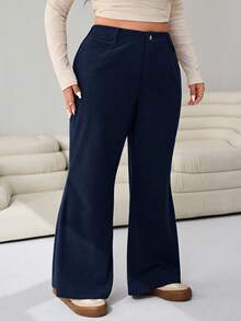 SHEIN EZwear 大码女式休闲喇叭灯芯绒裤，藏蓝色，适合秋冬季通勤、工作和上学穿着。 - 藏蓝色 - 查看 3