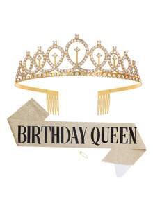 2pcs/Set Rose Gold &Gold &Silvery Birthday Queen Sash & Rhinestone Tiara - Glitter Sash & Sparkling Tiara Set For Birthday Girls - Multicolor - View 8