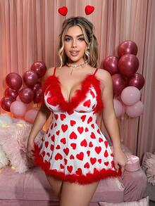 3pcs Plus Size Milk Silk Patchwork Lingerie Set, Valentine's Day - Red and White - View 5