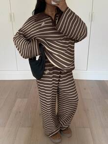 Siren Gaze 女士提花条纹印花刺绣长袖上衣和裤子休闲套装 - 棕色 - 查看 4