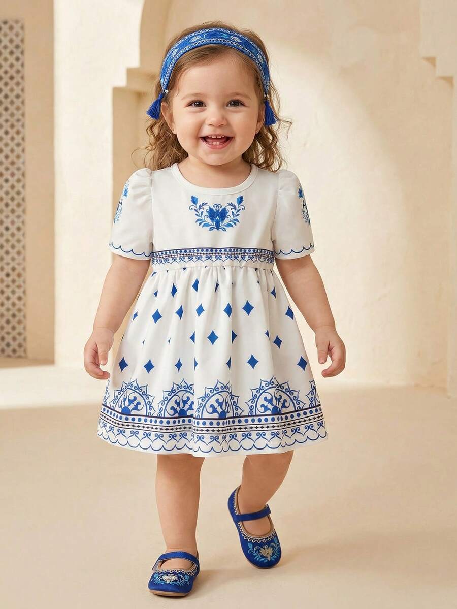 SHEIN Souflis 女婴幼儿0-3岁优雅异域风情度假泡泡袖蓝白连衣裙,春夏款 - 藍色 - 查看 1