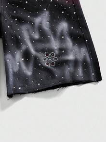 ROMWE MEN Men's Casual Letter Graphic Rhinestone Embellished Denim Shorts, Summer - Black - View 3