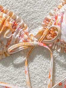 Swim Mod 2026 New Women's Swimwear Arrival For School, Suitable For Holiday, Date, Afternoon Tea, Western, Cruise, Beach, Island, Road Trip, All Seasons, Music Festival, Boho Vacation, Bohemian Vacation, Chill Autumn, Western Boho, Elegant Tops For Women Orange Ditsy Floral Ruched Sexy & Cute Women's Swimwear Set, Beach & Resort Wear Bikini Floral Tropical Boho Floral - Multicolor - View 7