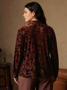 Anewsta Plus Size Soft Velvet Burnout Loose Casual Rust Shirt (Skin-Friendly & Soft) - Rust Brown - View 5