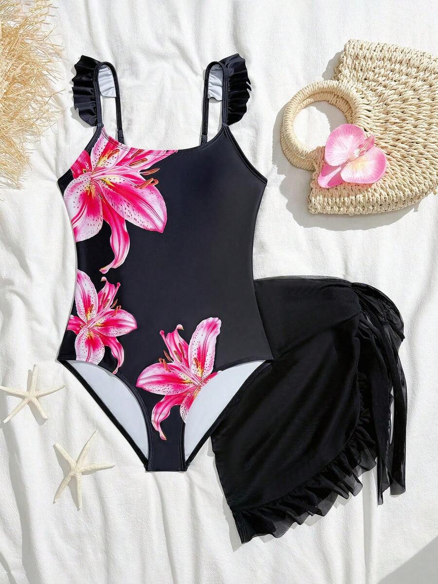 SHEIN Bộ đồ bơi liền thân in hoa dành cho thiếu nữ, kèm khăn choàng lưới, thích hợp cho kỳ nghỉ hè ở bãi biển. - màu đen - Xem 1