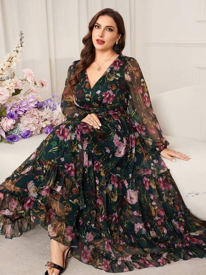 Modelyn Rochie elegantă de damă cu imprimeu floral, decolteu în V, mânecă lungă, croială slim fit, mărime plus