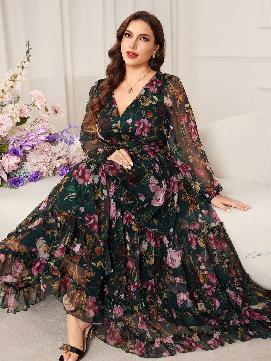 Modelyn 大码女士优雅印花V领长袖系带修身连衣裙 - 墨綠色 - 查看 1
