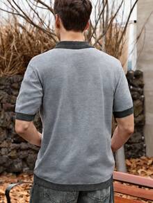 Manfinity Homme 男士休闲撞色短袖针织衫，夏季灰色针织短袖衬衫，男士钩针衬衫 - 灰色 - 查看 2