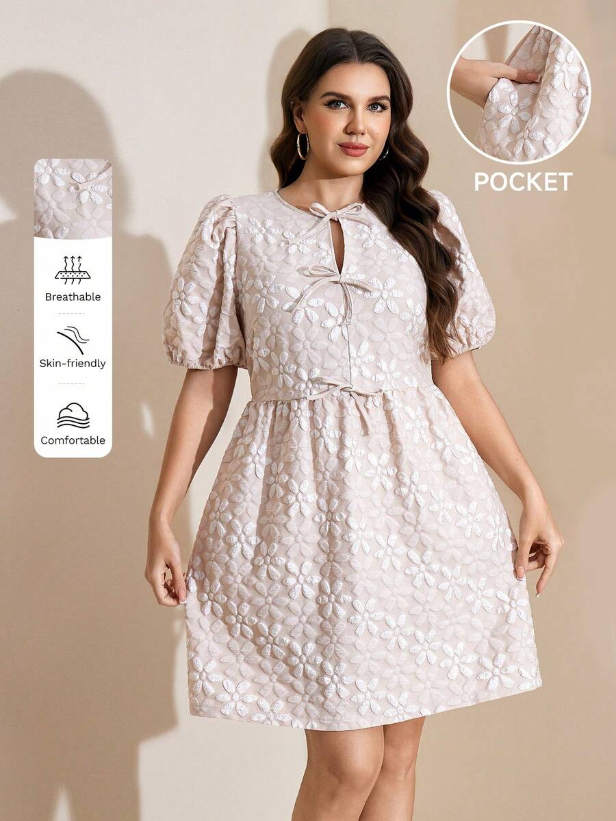 Comfylo Đầm hè cỡ lớn, váy ngắn vải jacquard họa tiết, đầm có nơ và túi trước, đầm ngắn thắt eo, đầm tay ngắn cổ tròn, trang phục ngày Valentine, trang phục lễ hội âm nhạc, trang phục hẹn hò, đầm ngày Valentine, đầm dạ hội tốt nghiệp, đầm phù dâu.