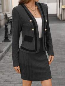Editum Women's Elegant 2 Pieces Set: Long Sleeve Jacket With Metal Buttons And Bodycon Mini Skirt, Autumn - Multicolor - View 5