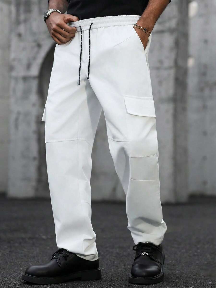 SLATEMANN 男士纯色抽绳腰带工装口袋休闲裤 - 白色 - 查看 1