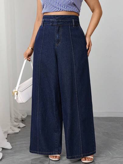 SHEIN Elenzya 大码女式优雅舒适深蓝色无弹直筒牛仔裤