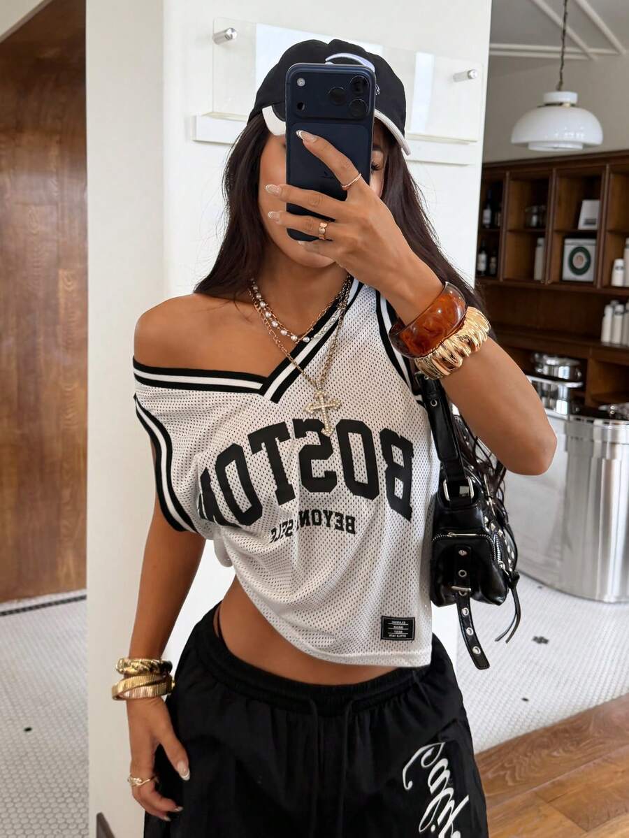 SHEIN EZwear Letter Graphic Striped Trim Tank Top Without Cami Top - White - View 1