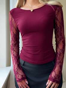 CovetEZ Women's Burgundy Lace Contrast Mesh Sexy T-Shirt, Summer Lace Patchwork T-Shirt, Suitable For Valentine's Day Date, New Year Party And Daily Wear Burgundy Lace Long Sleeve Top Wine Red Lace Top - Burgundy - View 5