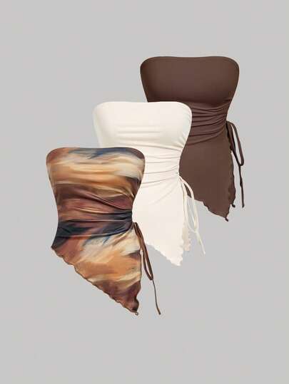 SHEIN MOD Bộ 3 áo nữ kiểu vintage vạt lệch, áo quây, áo không dây, áo sơ mi không dây, bộ áo ống, áo tank top không dây, áo ống.