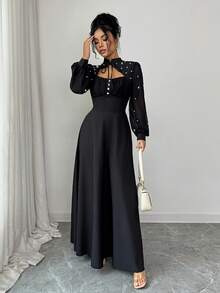 SHEIN Elenzya 女士黑色优雅修身新款二合一长袖连衣裙，立领雪纺袖，饰以珍珠，适合20-35岁以上女性，适合度假、派对、正式场合。 - 黑色 - 查看 7