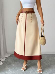 SHEIN Elenzya 女士杏色和咖啡色拼接休闲通勤百搭A字裙，前襟纽扣装饰设计，适合春、夏、秋季各种场合及办公穿着。 - 杏色 - 查看 5