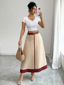 SHEIN Elenzya 女士杏色和咖啡色拼接休闲通勤百搭A字裙，前襟纽扣装饰设计，适合春、夏、秋季各种场合及办公穿着。 - 杏色 - 查看 3