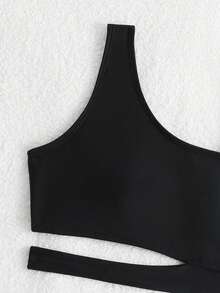 SHEIN Ensembles de bikini pour préadolescentes : Tissu tricoté, Top noir à bretelle unique réglable, style fendu, motif rayé noir et blanc, facile à enfiler et à enlever, maillot de bain deux-pièces, bas triangle fendu, convient pour les vacances d'été, la plage, la piscine, les fêtes. Ensemble de maillot de bain taille haute noir et blanc - Noir - Voir 3