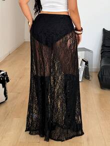Coolane 女士加大码春夏新款花卉蕾丝长款时尚薄纱中长裙 - 黑色 - 查看 6