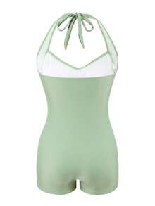 Swim Vcay 1pc Women's Solid Color Ruched Halter One-Piece Swimsuit, Suitable For Beach - Green - View 3