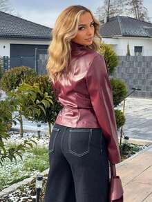 Jeta Ari Contrast Color Minimalist Jacket, Long Sleeve Outerwear For Early Autumn,Burgundy Coat,Chic Women's Jacket,Going Out Outfit,New Year Women's Clothes,Christmas Clothes,Women's Winter Jacket,Women's Winter Clothes,Fall Clothes For Women,Ankora Old Money Style Jacket,Wine Red PU Jacket For Commuting And Casual Elegant,Metal Button Waisted PU Jacket - Burgundy - View 3