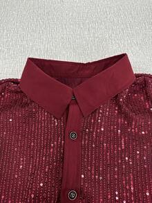 Manfinity AFTRDRK Áo sơ mi nam dài tay, màu trơn, đính sequin, cài một hàng khuy, thích hợp cho đêm tiệc ở Las Vegas. Áo sơ mi nam đính đá, áo sơ mi lấp lánh, áo sơ mi sequin đỏ cho nam. - Màu Đỏ Sâu - Xem 3