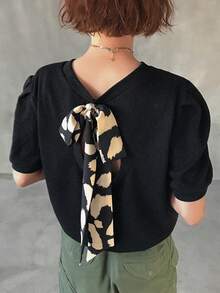 FRIFUL 女士撞色系带蝴蝶结修身T恤，春夏百搭 - 黑色 - 查看 4