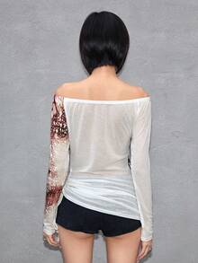 ROMWE Avant Women's Y2K Sexy Babe Portrait & Letter Logo Print Sheer Off-Shoulder Top - White - View 3