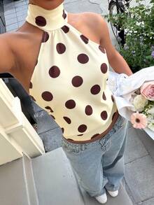 Muchica Women's Polka Dot Print Fashion Halter Backless Camisole For Going Out Outfits, Streetwear, Y2K Clothes, Pokadot Top - Yellow - View 3