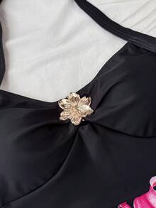 少女印花金属装饰挂脖连体泳衣 - 黑色 - 查看 3