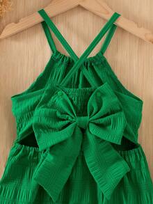 Sparklyn Girls' Summer New Sleeveless Backless Dress With Big Bow Decor, Flowy A-Line Textured Fabric, Minimalist Red Color, Suitable For Vacation - Green - View 6