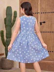 SHEIN 少女优雅撞色彼得潘领蝴蝶结装饰无袖连衣裙 - 黑色 - 查看 4