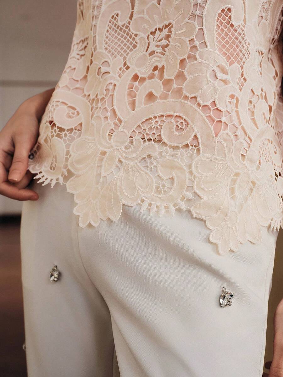 Anewsta Women's New Short Sleeve Embroidered Elegant Luxurious Top, Pink Valentine's Day T-Shirt Lace White Top Lace Top - Dusty Pink - View 1