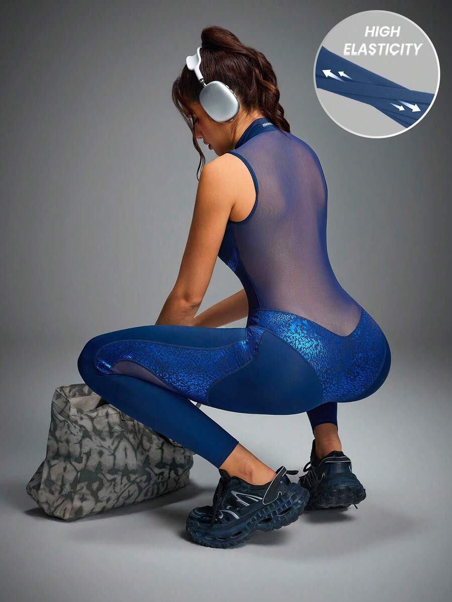 Innovista Women's Leopard Print Zipper Front Equestrian Jumpsuit Women Deep Navy Zip-Up Sleeveless Yoga Gym Jumpsuit One-Piece, Glossy Tonal Shimmer Leopard Patchwork, Breathable Mesh Back Cutout, Built-In Bra W/ Removable Pads, Tummy Control Sculpting Athleisure Bodysuit For Pilates HIIT Running Damen Trainingsanzug, Mono Deportivo, Tuta Sportiva - Blue - View 1