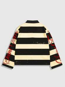 ROMWE MEN Street Life Spring Casual Graphic Men'S Striped Collar Long Sleeve Printed T-Shirt, Casual College Style Top - Multicolor - View 2