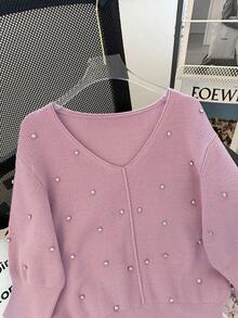 Franclia 女士春季V领水钻装饰纯色保暖毛衣，修身腰部设计，柔软针织短袖上衣，适合日常、通勤、居家、外出、感恩节等场合，女士春夏上衣 - 藕粉色 - 查看 4