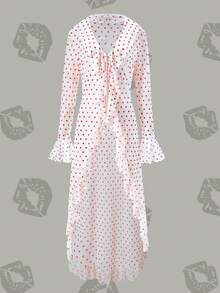 Betty Boop x SHEIN Women's Casual Polka Dot & Cartoon Print Ruffle Hem Kimono , Autumn - White - View 2