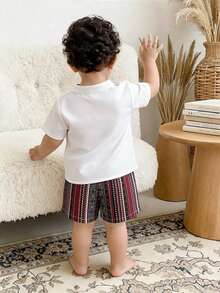 Baby Boy Cartoon Character Short Sleeve Button-Up Shirt And Geometric Print Shorts Casual Outfit - Multicolor - View 2